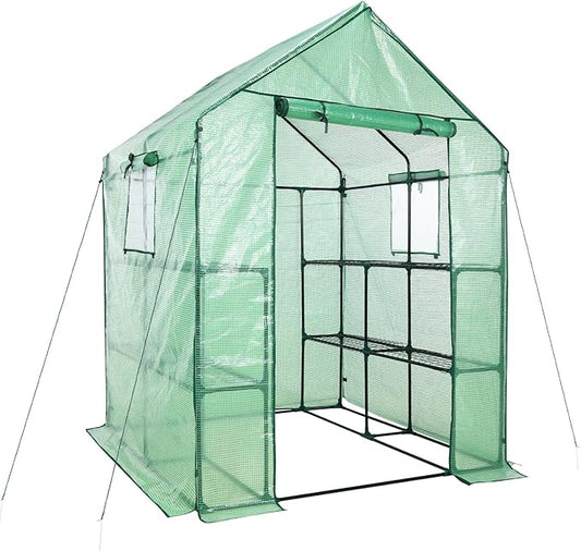 Aoodor Walk-in Greenhouse with 8 Shelves, 4.7 × 4.7 × 6.4 ft Outdoor Garden Plant House with PE Cover for Growing Vegetables, Flowers, Herbs Aoodor
