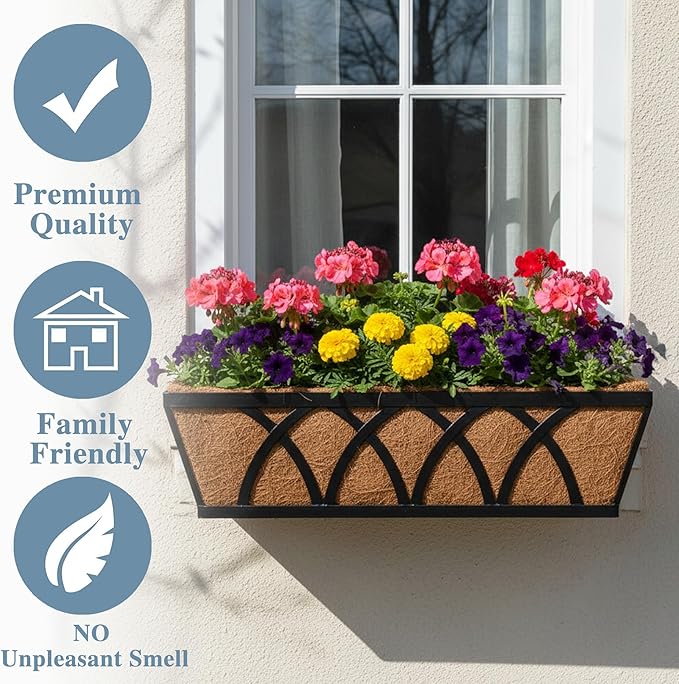 Window Deck Railing Planters Boxes with Coconut Liner, The Bottom Flat Window Boxes Planter Flower Boxes Metal Black Balcony Planters Railing Hanging for Outdoor Fence Porch Patio Lawn(2Pcs 30 Inch) EIMQUVW