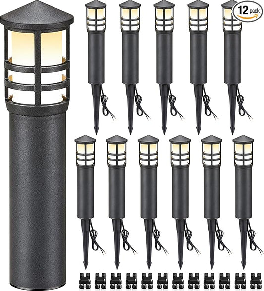 SUNVIE 12-Pack Low Voltage Landscape Pathway Lights 3W Outdoor Landscape Lighting 3000K 12-24V LED Bollard Path Lights Wired CRI 90+ Aluminum Pathway Lighting for Walkway Yard Garden, ETL Listed Cord SUNVIE
