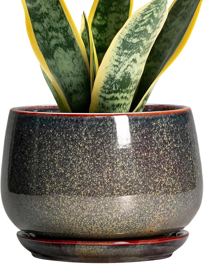 G EPGardening 7 Inch Ceramic Pots for Plants - Ceramic Planters for Indoor Outdoor Plants, Round Plant Pots with Drainage and Saucer, Modern Planter, House Decor, Plant Lover Gifts, Speckled Brown GEPGardening