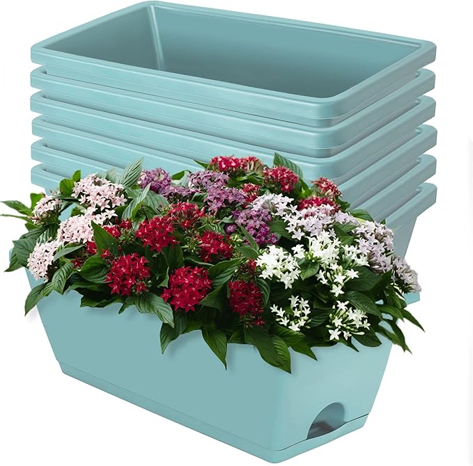 Window Box Planter, 7 Pack Plastic Vegetable Flower Planters Boxes 17 Inches Rectangular Flower Pots with Saucers for Indoor Outdoor Garden, Patio, Home Decor LOCONHA