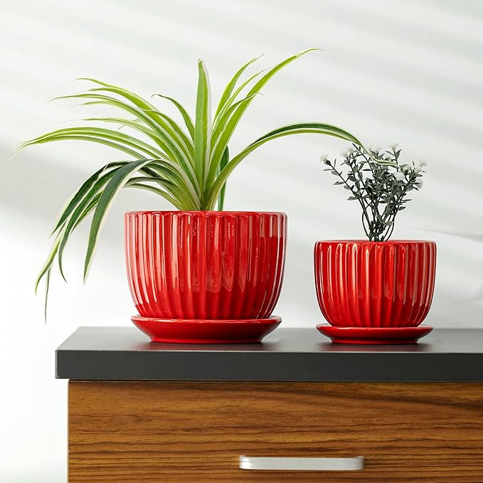 Ton Sin Ceramic Plant Pots - 4/5/6 Inch Red Planters Set of 3 with Drainage Holes and Saucer - Indoor Flower Pots for Plants Ceramic Planters for Indoor Gardening Succulent Pots TonSin