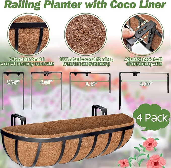 ZeeDix 4 Pack 24 Inch Railing Planter Box, Metal Window Boxes with Coco Liners for Railing, Hanging Flower Boxes for Deck Porch Balcony & Fence Outdoor Indoor Lawn ZeeDix