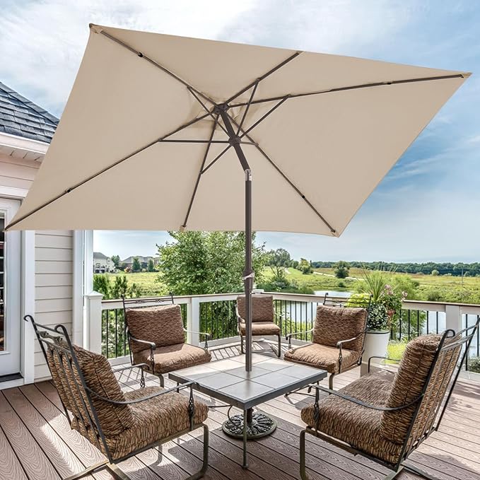 JEAREY 6.5x10 ft Rectangular Patio Umbrellas Rectangle Outdoor Umbrella with Push Button Tilt and Crank, Market Table Umbrella 6 Sturdy Ribs UV Protection for Poolside Garden Backyard Deck, Beige JEAREYOutdoorsCollection