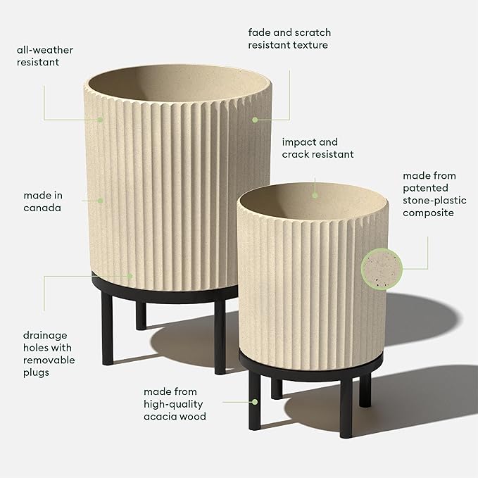 Veradek Demi Series Round Planter w/Stand for Porch/Patio | Durable Plastic-Stone Composite & Wooden Stand | Modern Décor for Tall Plants, Flowers VeradekOutdoor