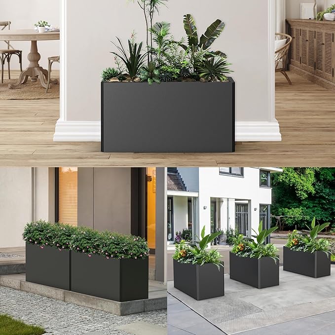 Rectangular Planter Box (36''L x 15''W x 15''H) Large Planter Box Outdoor, Metal Planters with 6 Drainage Holes for Commercial Residential Patio Deck and Backyard, Black Ganeekiron