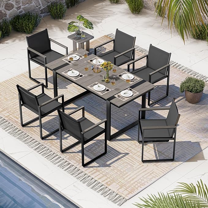 Outdoor Dining Set, HDPS + Aluminum Patio Table and Chairs Set with U-Shaped Base, 7 Piece Outdoor Furniture Set with Umbrella Hole, Patio Dining Table Set for Garden, Backyard (Gray) Oasbira