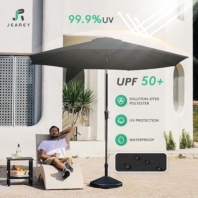 JEAREY 9FT Outdoor Patio Umbrella Outdoor Table Umbrella with Push Button Tilt and Crank, Market Umbrella 8 Sturdy Ribs UV Protection Waterproof for Garden, Deck, Backyard, Pool (Black) JEAREYOutdoorsCollection