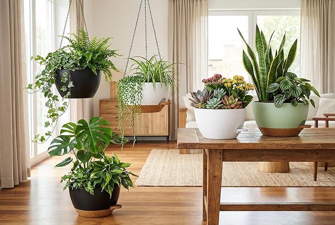 Hanging Planters, 3-Pack 10 Inch Self-Watering Pots with Drainage Holes and Chains, Matte Plastic Planters for Indoor/Outdoor Plant（Black Brown） Rootora