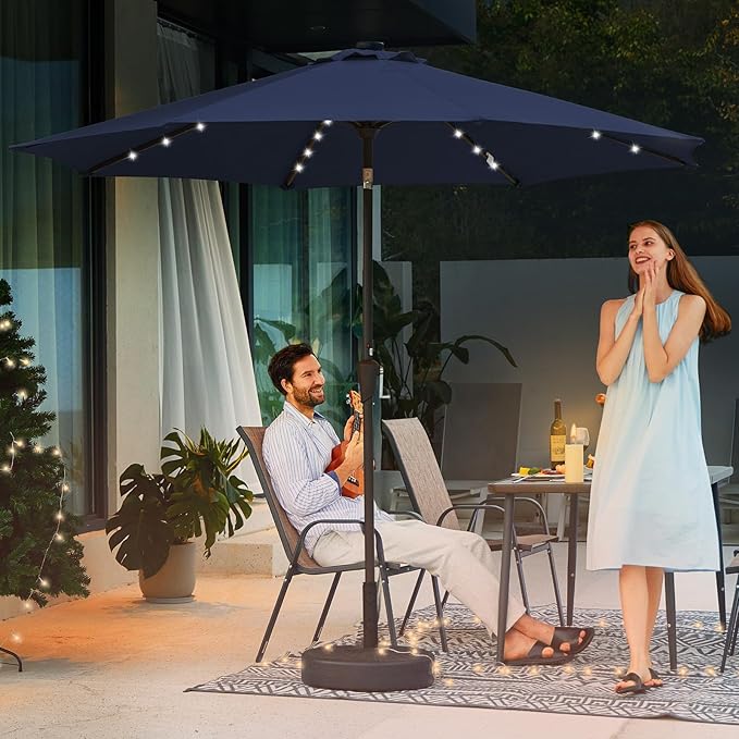 JEAREY 9FT Outdoor Patio Umbrella with Solar Lights, LED Lighted Pool Umbrella with Tilt and Crank, Outdoor Table Umbrellas for Deck, Yard & Market (9ft, Navy Blue) JEAREYOutdoorsCollection