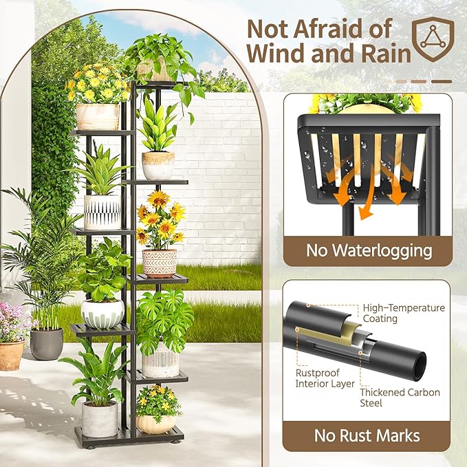 LASZOLA 7 Tier Plant Stand Indoors Outdoors for Large Heavy Duty Planter, Black Metal Tall Flower Holder Rack with Multiple Shelf for Modern Patio Corner, Vertical Organizer, Weather Resistant Bracket LASZOLA