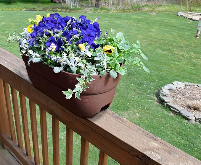 Emsco Group Bloomers Railing Planter with Drainage Holes – 24" Weatherproof Resin Planter – Brown, Plastic Emsco+Group