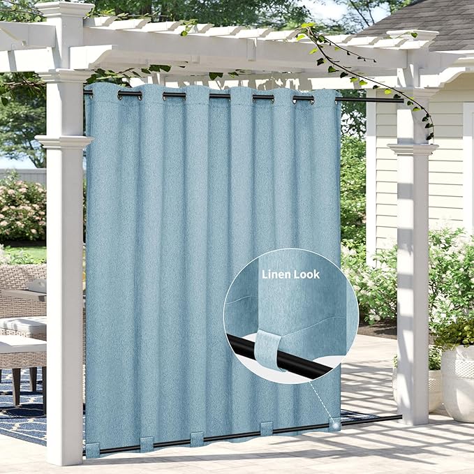 Easy-Going Linen Look Outdoor Curtains Waterproof Windproof Porch Curtains, Soft Thicken Outdoor Privacy Curtains for Patio, Gazebo, Grommet Top and Tab Bottom Drape, 1 Panel, 110x120 inch, Sky Blue Easy-Going