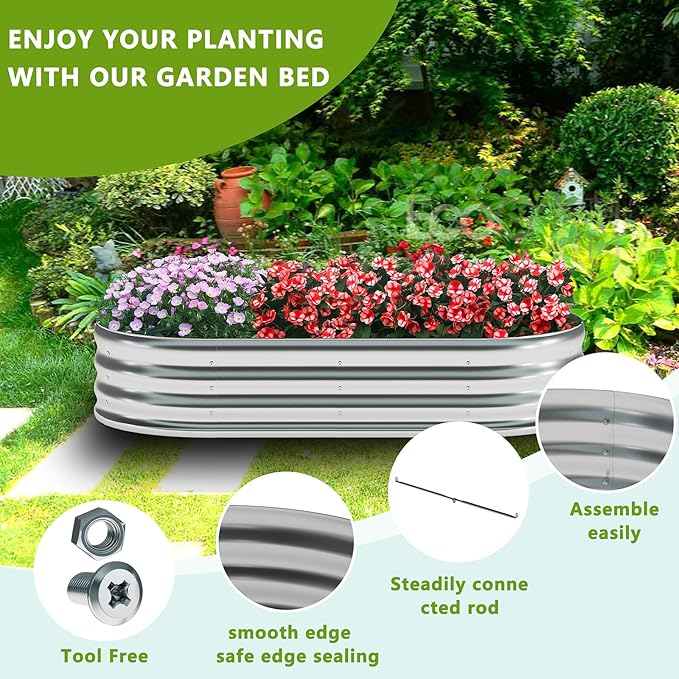 zizin 2 Pack Oval Galvanized Raised Garden Bed Kit 8x2x1ft Large Metal Planter Box for Outdoor Vegetables, Silver zizin