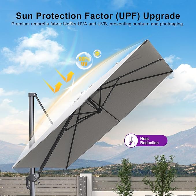 PURPLE LEAF 9' X 11.5' Rectangle Cantilever Umbrella with Base Outdoor Large Aluminum Patio Umbrella with 3-Year Fade Resistance Recycled Fabric and 360-degree Rotation for Deck Garden, Pebble Grey Rootora