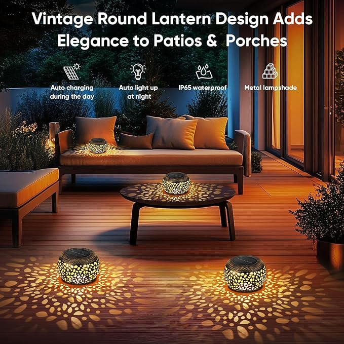 Solar Lantern Outdoor Patio Decor: Solar Lanterns Outdoor Waterproof Hollow Out Retro Metal Solar Powered, Outside Yard Porch Garden Balcony Desk Bedroom Indoor Tabletop Decorations 2 Lighting Colors NFEVER