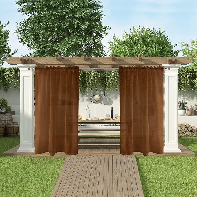 SpaceDresser Waterproof Outdoor Sheer Curtains for Patio - 4 Panels Rod Pocket Indoor Voile Sheer Curtain for Living Room,52W x 108L inch, Brown SpaceDresser