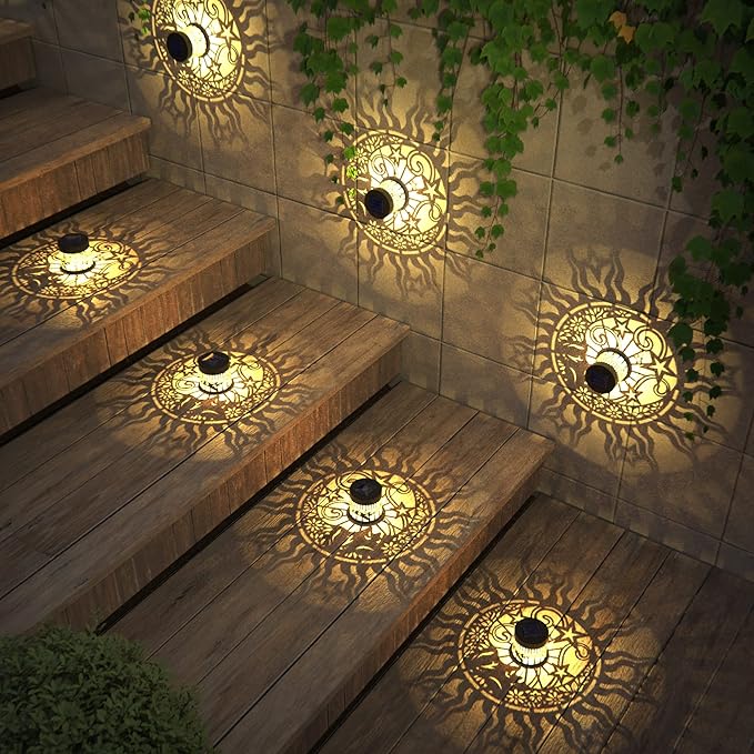 4 Pack Solar Fence Lights Metal Solar Powered Outdoor Wall Deck Lights Sun Moon Theme Waterproof Fence Light for Garden Post Patio Backyard Yard Decor (Face, 4 Pack) gardencave