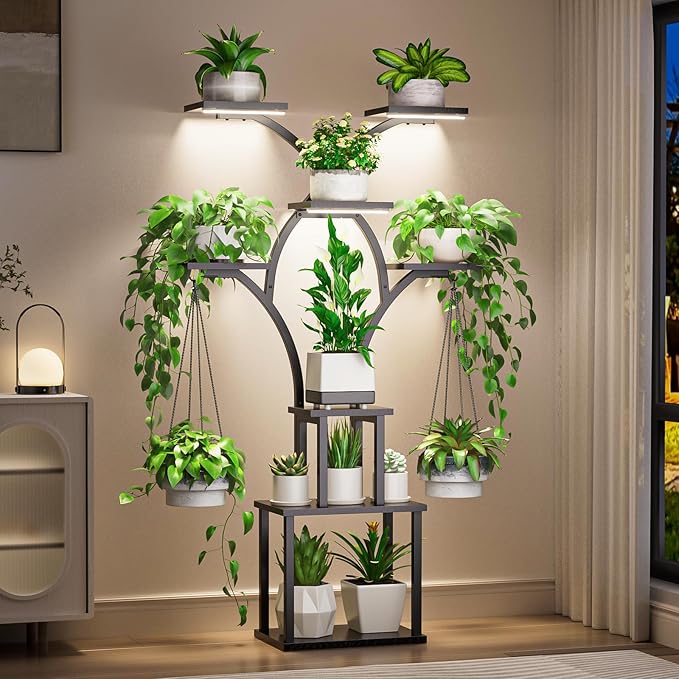 Elbourn Plant Stand Indoor with Grow Lights - 60" Tall Metal Plant Shelf for Multiple Plants, 8 Tiered Corner Plant Stands for Indoor Plants, X - Shaped Decorative Rack for Home, Living Room & Patio Decor (Black) Elbourn