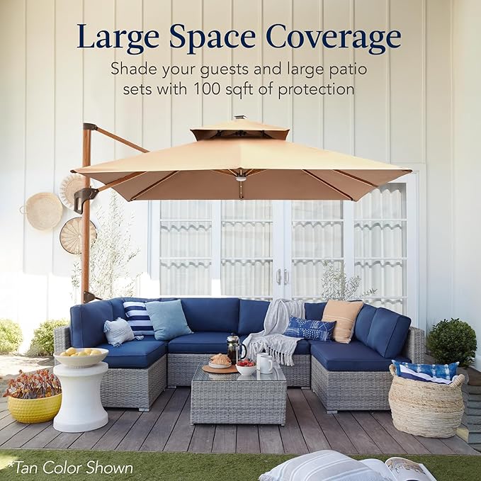 Best Choice Products 10ft Square Cantilever Patio Umbrella w/Base Included, Woodgrain Pattern Pole & Solar LED Lights, 360-Rotation, Offset Hanging Outdoor Shade - Fog Gray BestChoiceProducts