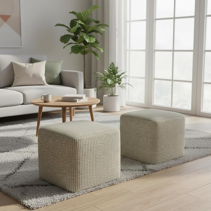 SIMPLIHOME Zelma Square Pouf – 18 inch Wide Upholstered PET Polyester Ottoman in Cream and Natural, Boho Indoor/Outdoor Footstool or Extra Seating for Living Room, Bedroom, or Patio, Assembled SimpliHome