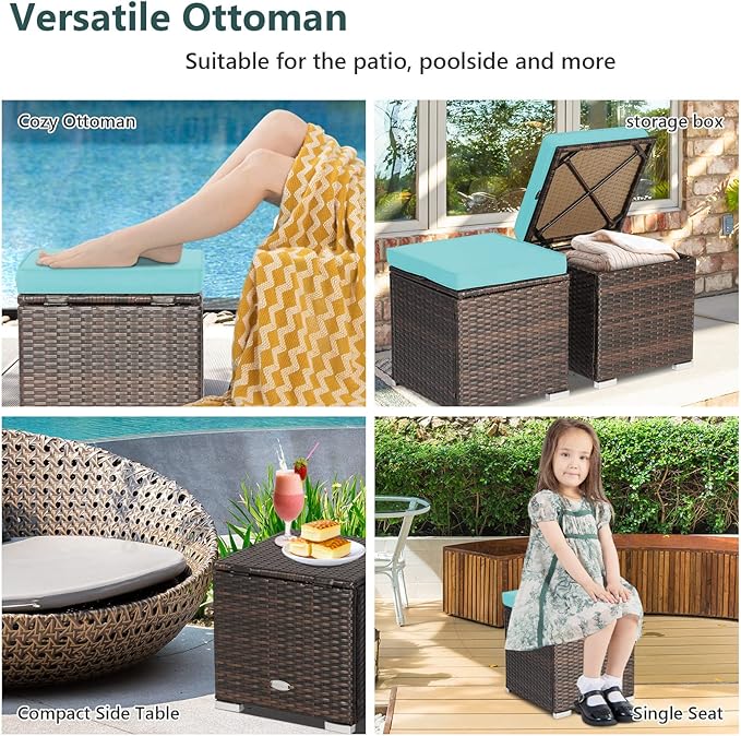 Tangkula 2 Pieces Patio Ottomans, Patiojoy Hand-Woven PE Rattan Side Table with Removable Cushion & Hidden Storage Space, Multifunctional Storage Box, Seat for Patio, Backyard, Poolside (Turquoise) TANGKULA