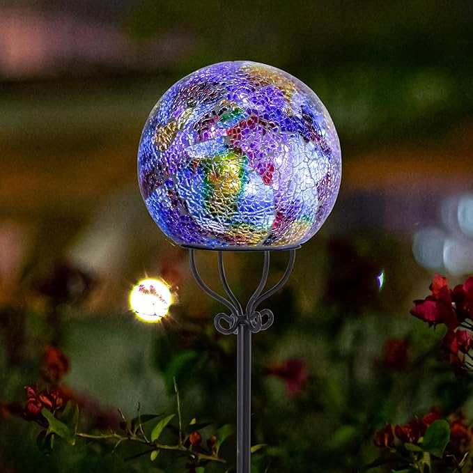 VCUTEKA Solar Outdoor Lights Garden Decor Mosaic Solar Garden Lights Waterproof Glass Ball LED Pathway Stake Light for Landscape Lawn Patio Yard Decoration 6 inch, Purple VCUTEKA