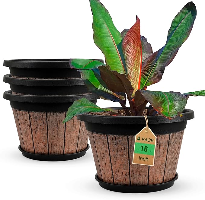Quarut Large 4 Pack 16 inch Plant Pots,Whiskey Barrel Planters with Drainage Holes & Saucer,Plastic Decoration Flower Pots Retro Design,Planters for Outdoor Indoor Garden Balcony Plants (Brown) Quarut