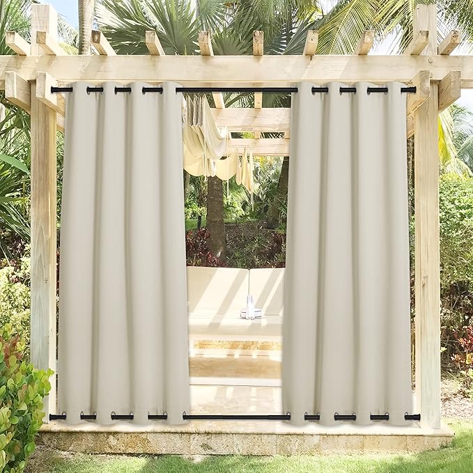 NICETOWN 2 Panels Weighted Blackout Curtains Waterproof & Windproof, Thermal Insulated Room Darkening Top & Bottom Grommet Fixed Drapes Keep Privacy for Cabana/Porch, Beige, W52 x L84 NICETOWN