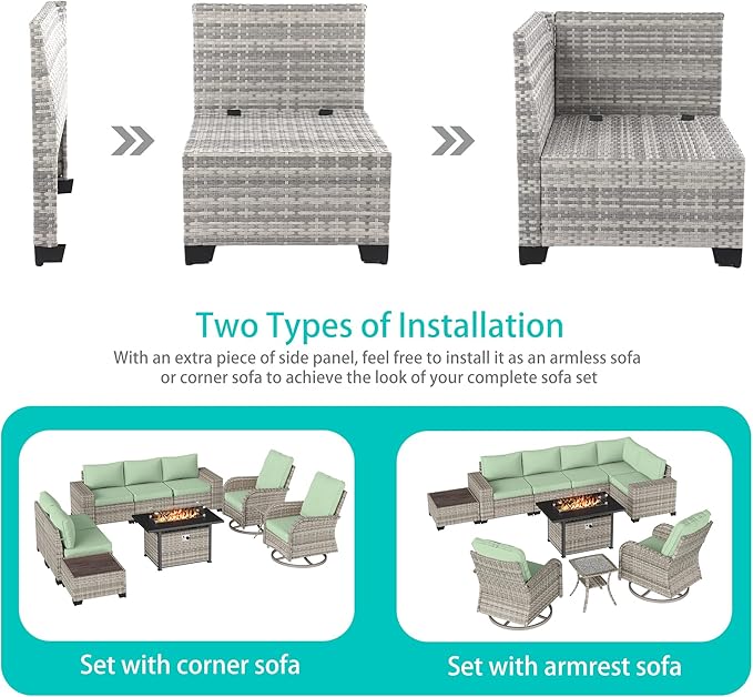 10-Piece Outdoor Patio Furniture Set with Rocking Swivel Chair, PE Wicker Rattan Sectional Sofa Patio Conversation Set with 55,000 BTU Fire Pit Table & Coffee Table, Light Green MuphyersPatioFurniture
