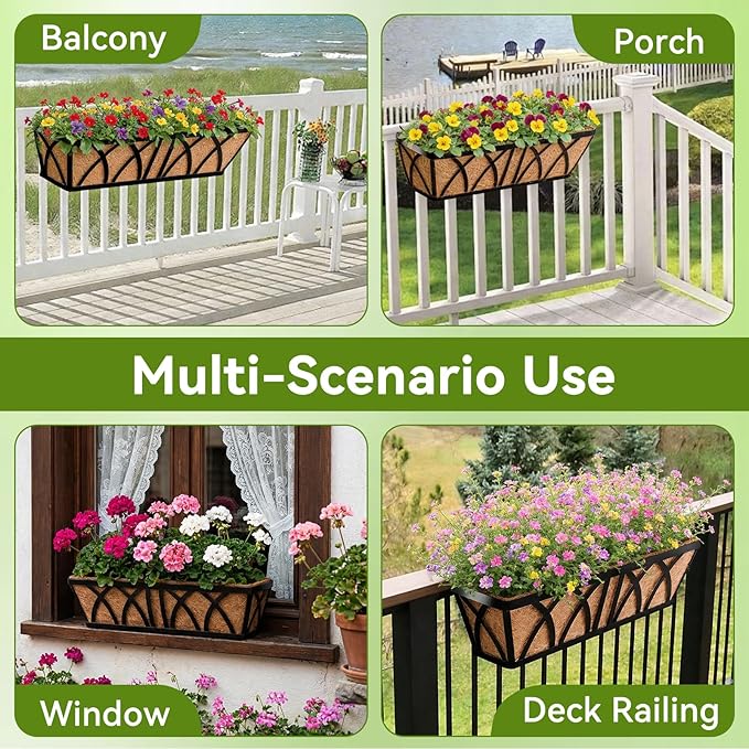 Halatool 2 Pack Heavy-Duty Metal Deck Railing Planter Box, 24 Inch Rust-Resistant Rectangular Window Boxes Planters with Coco Liner & Adjustable Brackets, Grow More On Your Balcony, Patio & Fence HALATOOL