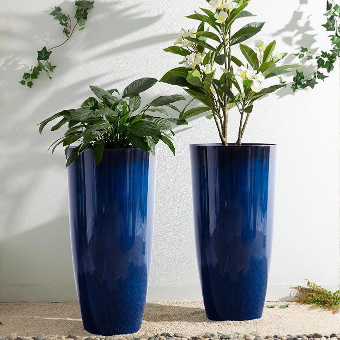 Glitzhome 30" H Tall Planters for Outdoor Plants, Set of 2 Plastic Large Outdoor Planters with Gradient Cobalt Blue Faux Ceramic Finish,Large Flower Pots with Drainage Holes for Front Porch Indoor Glitzhome