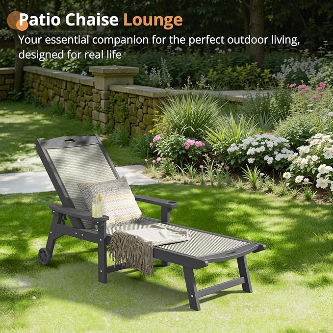 LUE BONA Chaise Lounge Chair Outdoor Set of 4, HDPS and HDPE Wicker Material, Patio Lounge Chair with Adjustable Backrest, Resin Pool Lounge Chairs with Wheels for Backyard, Poolside and Deck LUEBONA