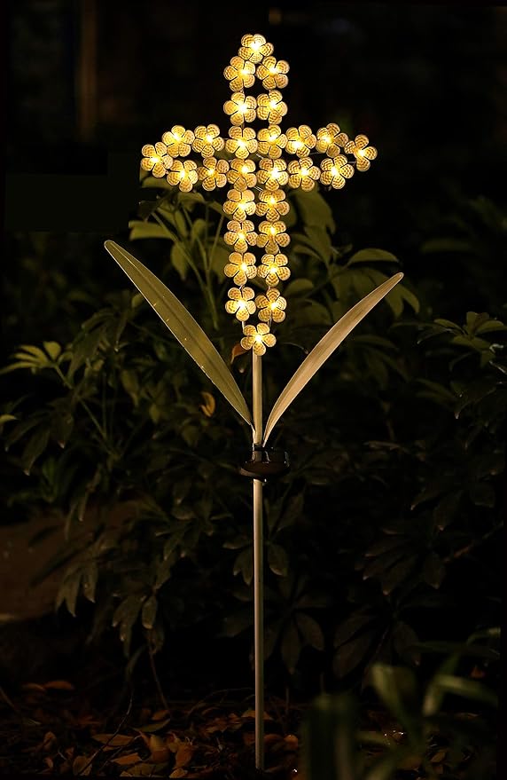 White Cross Garden Stake Solar Lights Metal Hydrangea Cross Stake Memorial Gift w/ 28 LEDs Perfect Sympathy Gifts (10" W x 40" H) WSgift