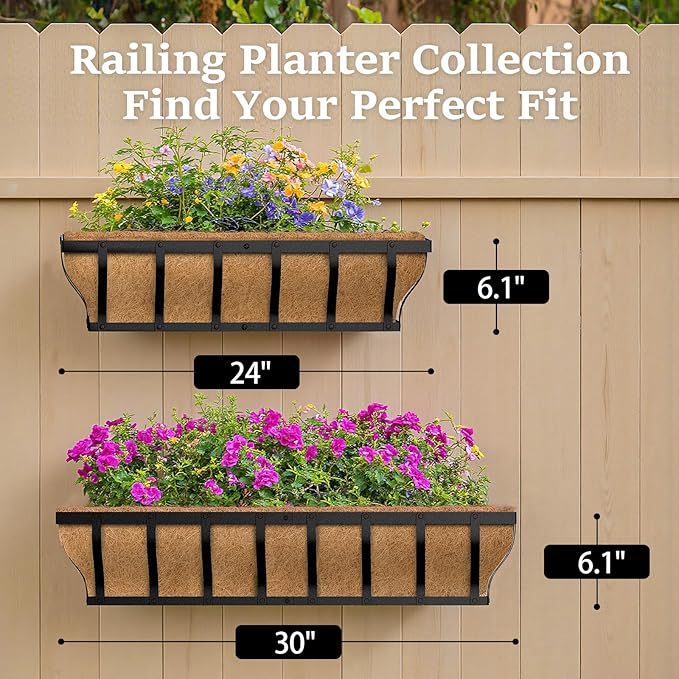 Railing Planter Boxes, Heavy Duty Window Box Planters, Adjustable Balcony Planters for Railing Hanging, with Coco Liner & Support Rod for Deck, Porch, and Patio Gardening (2 Pack, 24 Inch) VOXOR