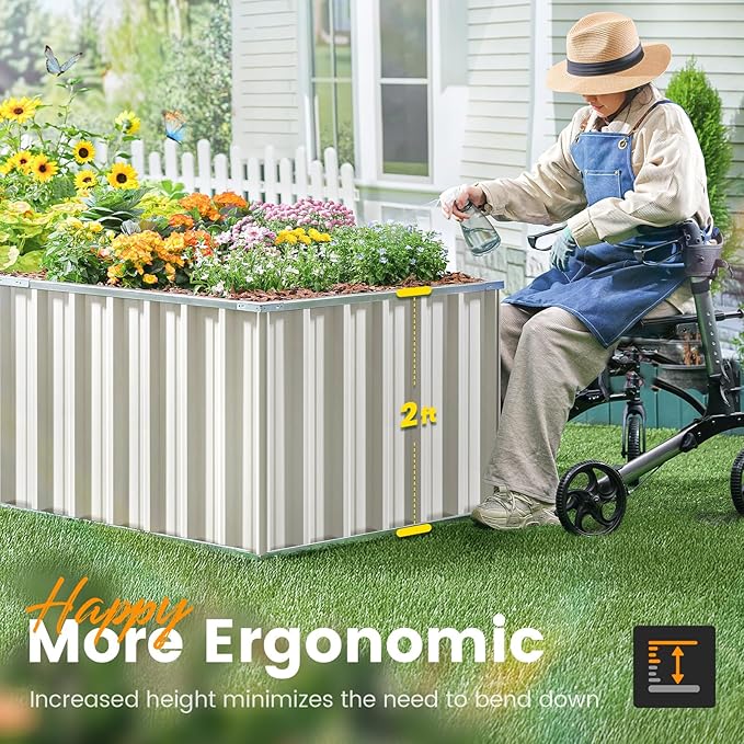 KING BIRD Raised Garden Bed 68" x 36" x 24" Heightened Galvanized Steel Metal Planter Box Outdoor for Deep-Rooted Vegetables, Flowers, Large Raised Bed Kit (Ivory) KINGBIRD