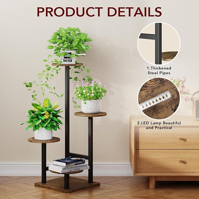 Plant Stand Indoor with Grow Light,4-Tiered Tall Plant Stand Indoor, Metal Plant Shelf with Adjustable Light, Ideal for Living Room, Garden, Patio (Black Brown) Homsorout