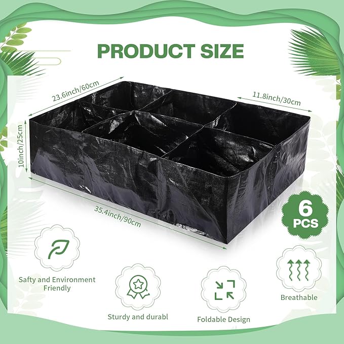 6 Pcs 35 Gallon Fabric Raised Garden Bed Breathable Planting Container Grow Bag with 6 Compartments Rectangle Large Raised Planting Bed for Vegetable Tomato Herbs Potato Fruits Flower Planter Pot Woanger