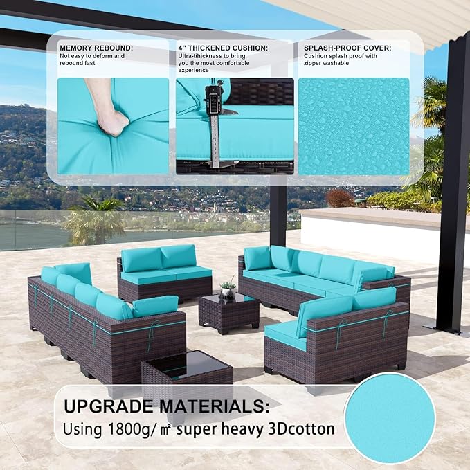 Kullavik 14 Pieces Outdoor Patio Furniture Set PE Wicker Rattan Sectional Sofa Patio Conversation Sets,Blue KULLAVIK