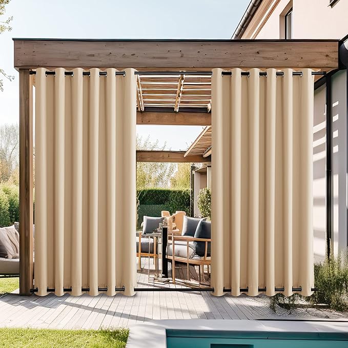 NICETOWN 2 Panels Outdoor Curtains for Patio Waterproof, Rustproof Grommet Top & Bottom Weighted Outdoor Drapes Windproof Thermal Insulated for Balcony/Cabana, Biscotti Beige, W84 x L108 NICETOWN