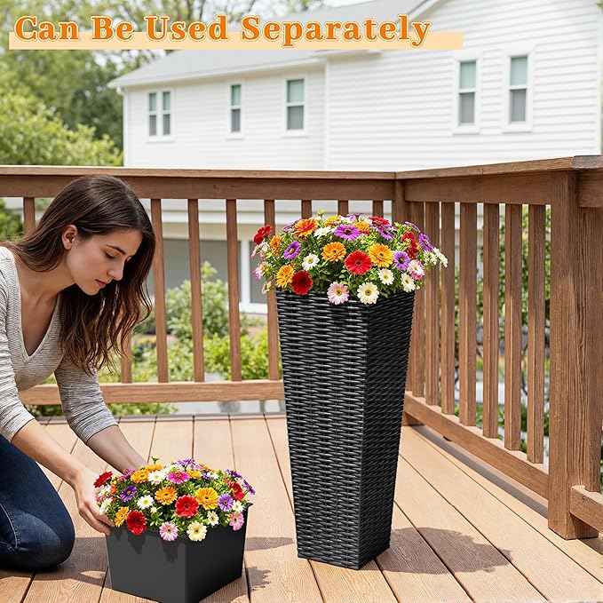 Greesum 24 Inch Tall Plastic Planters with Rattan Texture – Set of 2, Detachable Inner Pot & Drainage Holes, Indoor/Outdoor Decorative Flower Pots for Large Plants, Trees, Patio, and Garden, Black BuynowfromGreesum
