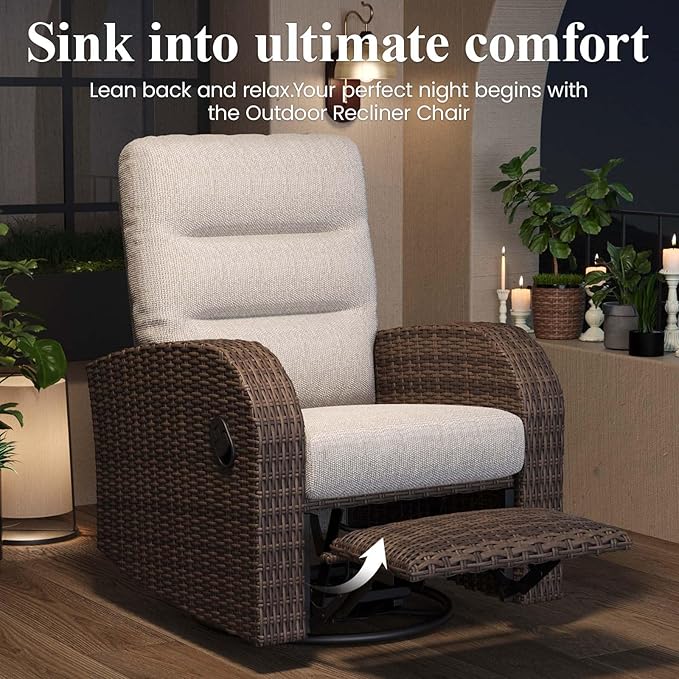 LayinSun Oversized Wicker Outdoor Swivel Glider Recliner with Adjustable Backrest & Footrest, Patio Reclining Lounge Chair - Set of 2 LayinSun
