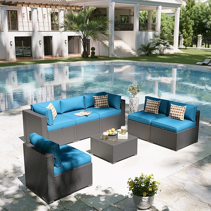 Aoxun Patio Furniture Set, 7 Piece Outdoor Sectional Sofas with Waterproof Cover, Wicker Rattan Outdoor Furniture Patio Conversation Set for Backyard, Garden Peacock Blue Aoxun