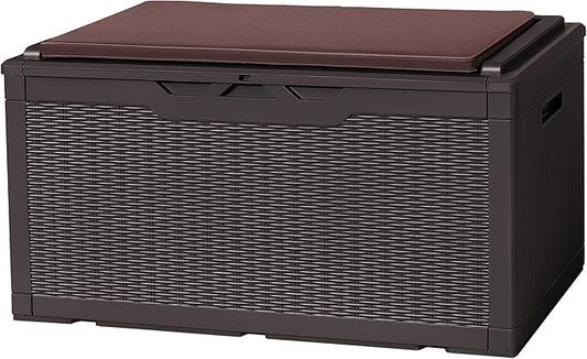 Flamaker Deck Box with Cushion 100 Gallon Waterproof Resin Storage Box with Air Rod Indoor Outdoor Lockable Storage Bench for Patio Furniture, Tools, Pool Accessories (Deep Brown) Flamaker