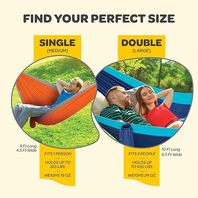 Durable Hammock 400 lb Capacity, Nylon Camping Hammock Chair - Double or Single Sizes w/Tree Straps and Attached Carry Bag - Portable for Travel/Backpacking/Beach/Backyard (Medium, Khaki & Army Green) Sewanta