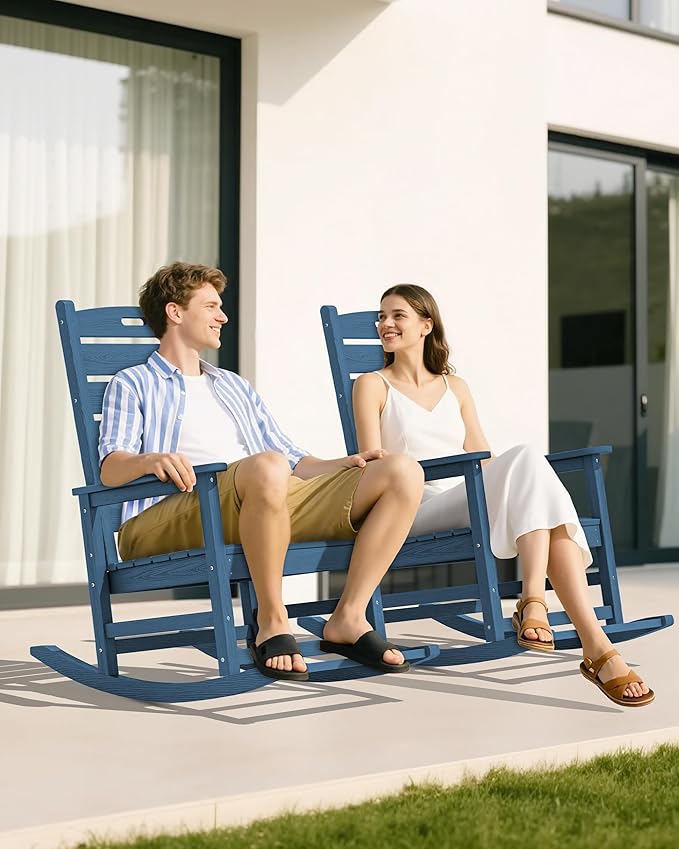 SERWALL Oversized Outdoor Rocking Chair, HDPE Patio Rocking Chair with Footrest for Adults, All Weather Porch Rocker for Deck Patio Balcony, Navy SERWALL