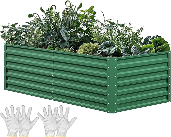 YITAHOME 6x3x2 ft Galvanized Raised Garden Bed Kit, Large Metal Planter Box with Gloves & Support Rod, Outdoor Flower Bed for Plants Vegetables, Green YITAHOME