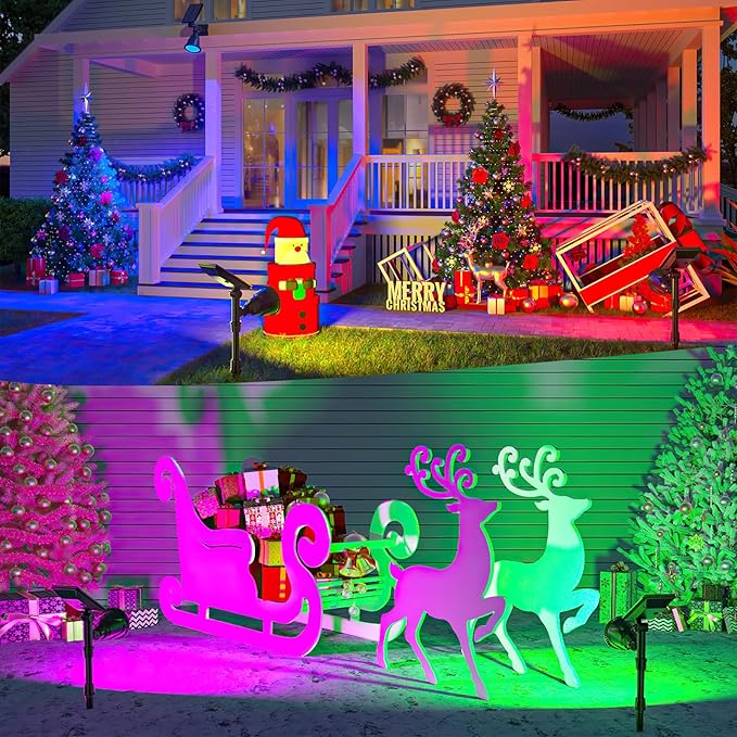 JSOT 2 Pack Christmas Solar Spotlights, RGB Solar Spot Light Outdoor Waterproof Color Changing Landscape Lighting with 9 Lighting Options Decor for Backyard Walkway Tree Lawn JSOT