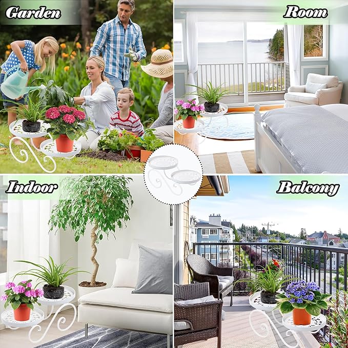 2 Tier White Plant Stand, Metal Flower Stand Indoor Outdoor, Anti-Rust Iron Plant Shelf, Round Flower Pot Stands for Multiple Plants, Display Rack Potted Plant Holders for Garden Home Decor Santentre