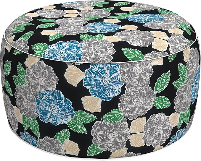 LVTXIII Outdoor Inflatable Ottoman, Fade-Resistant Round Footrest Stool D31”x H14”, Portable Patio Pouf for Garden Camping or Home Use, Peony Garden LVTXIII